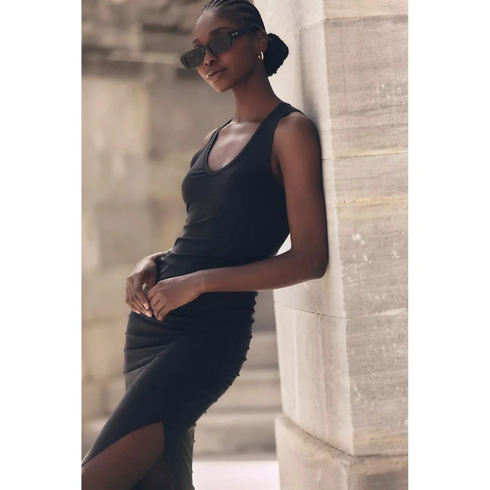 Anthropologie‎ Beyond Yoga Women Fit the Mood Midi Dress XS Black Ruched Tank
